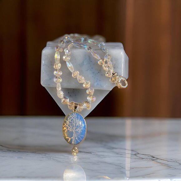 Opalite Tree of Life pendant Crystal ab  Necklace~  20 inches - Picture 2 of 3